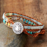 Women Leather Bracelets High End Mix Natural Stones 2 Strands Wrap Bracelets