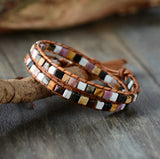 Women Leather Bracelets Mix Natural Stones 2 Strands Vintage Bead Bracelet