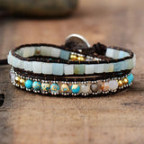 Women Leather Bracelets High End Mix Natural Stones 2 Strands Wrap Bracelets