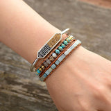 Women Leather Bracelets High End Mix Natural Stones 2 Strands Wrap Bracelets
