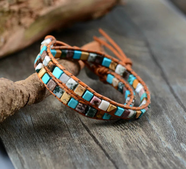 Women Leather Bracelets Mix Natural Stones 2 Strands Vintage Bead Bracelet