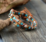 Women Leather Bracelets Mix Natural Stones 2 Strands Vintage Bead Bracelet