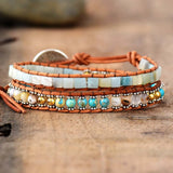 Women Leather Bracelets High End Mix Natural Stones 2 Strands Wrap Bracelets