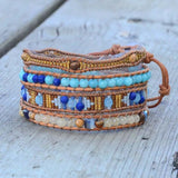 Women Leather Bracelets High End Mix Natural Stones 5 Strands Wrap Bracelets