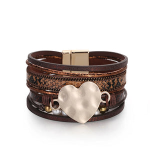 Multilayer Leather Cuff Bracelet Set with Crystal Green Earrings