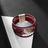 Multilayer Leather Cuff Bracelet Set with Crystal Green Earrings