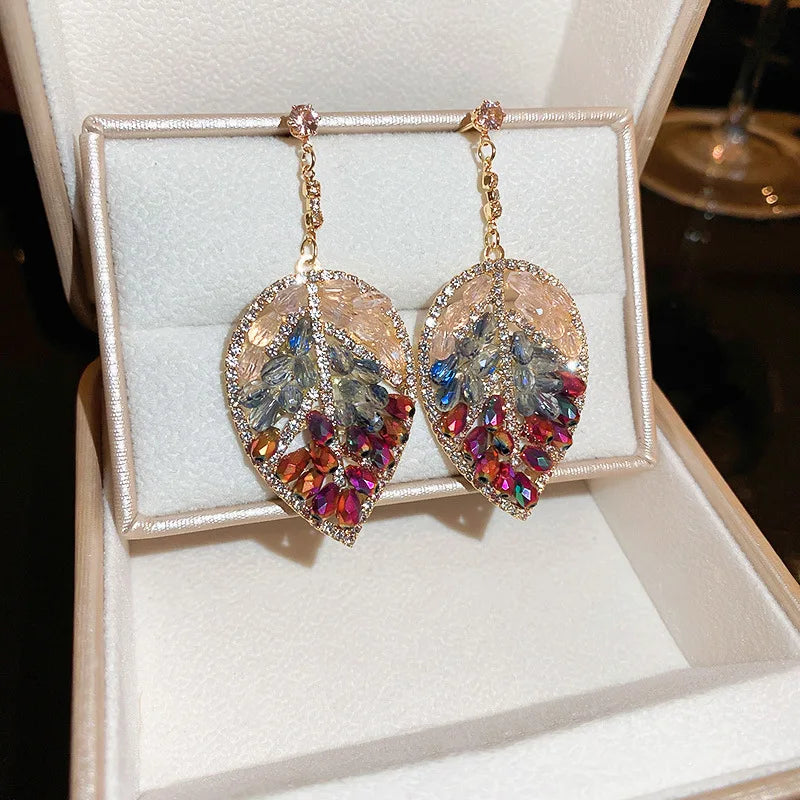 Purple Crystal Leaf Earrings For Girls Statement Jewelry