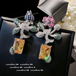 Exaggerated 925 Silver Flower Earrings with CZ Dangle for Party