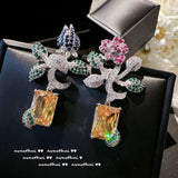 Exaggerated 925 Silver Flower Earrings with CZ Dangle for Party