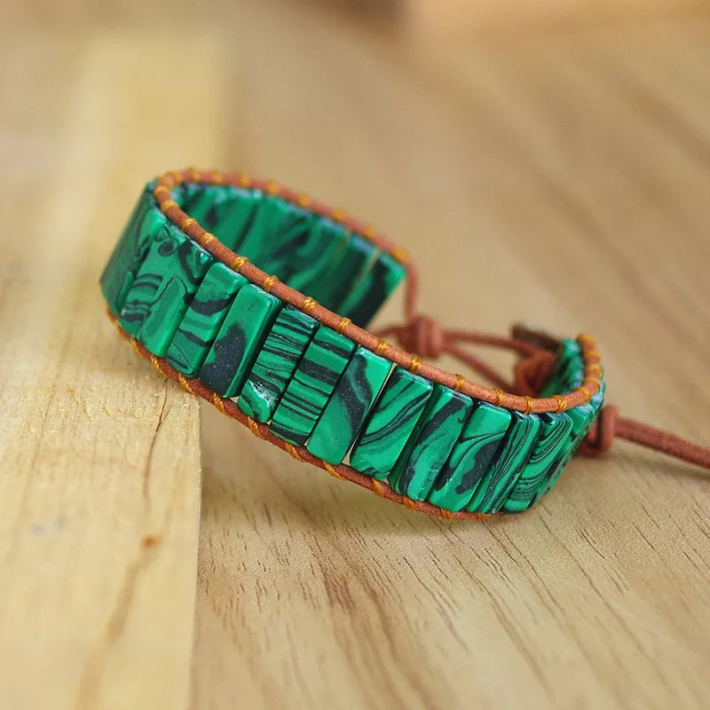 Boho Malachite Bracelet Natural Stone Leather Wrap Charm Bracelet