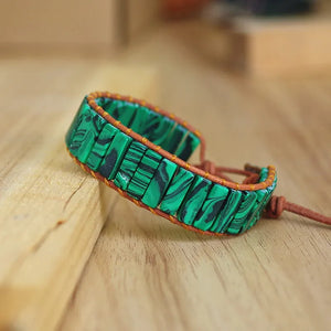 Boho Malachite Bracelet Natural Stone Leather Wrap Charm Bracelet