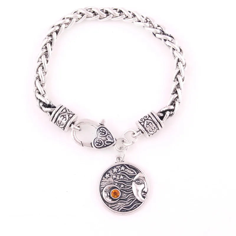 Colorful Crystal Moon and Stars Wheat Link Chain Bracelet