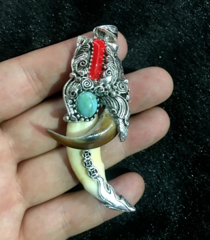 Chinese Antique Boars Tooth Wild Hog Silver Dragon Protective Talisman Pendant
