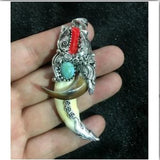 Chinese Antique Boars Tooth Wild Hog Silver Dragon Protective Talisman Pendant