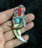 Chinese Antique Boars Tooth Wild Hog Silver Dragon Protective Talisman Pendant