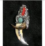 Chinese Antique Boars Tooth Wild Hog Silver Dragon Protective Talisman Pendant
