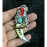 Chinese Antique Boars Tooth Wild Hog Silver Dragon Protective Talisman Pendant