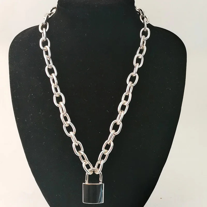 Stainless Steel Lock Chain Necklace Padlock Pendant Gothic Jewelry