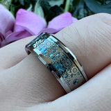 Tungsten Carbide Wedding Ring Beveled Edges Sky Carbon-Fiber Gears Inlay