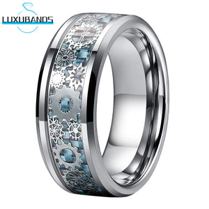 Tungsten Carbide Wedding Ring Beveled Edges Sky Carbon-Fiber Gears Inlay