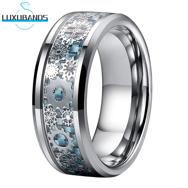 Tungsten Carbide Wedding Ring Beveled Edges Sky Carbon-Fiber Gears Inlay
