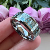 Tungsten Carbide Wedding Ring Beveled Edges Sky Carbon-Fiber Gears Inlay