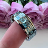 Tungsten Carbide Wedding Ring Beveled Edges Sky Carbon-Fiber Gears Inlay