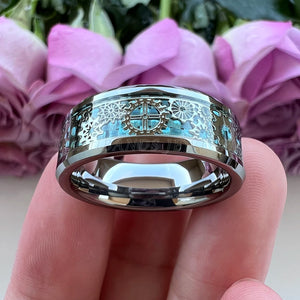 Tungsten Carbide Wedding Ring Beveled Edges Sky Carbon-Fiber Gears Inlay