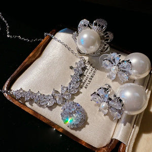 Women Mermaid Tears Flower Necklace Zircon Pearl Earrings
