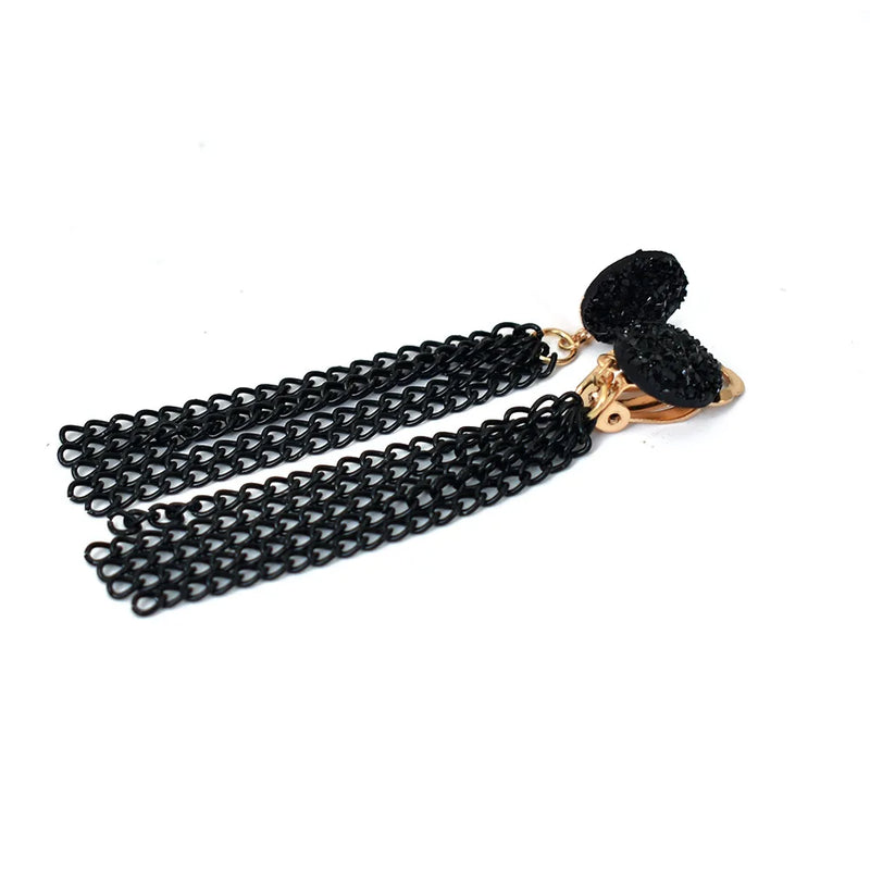Metal Tassel Chain Earrings Non-Piercing Druzy Resin Clip Earings
