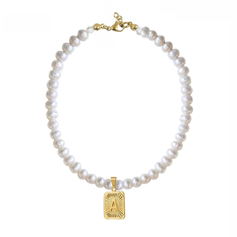 Minimalist Stainless Steel Nameplate Pendant Necklace with Pearl Initials Choker