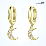 Women Moon Zircon Hoop Earrings 925 Silver Ear Piercing Gift Party Wedding