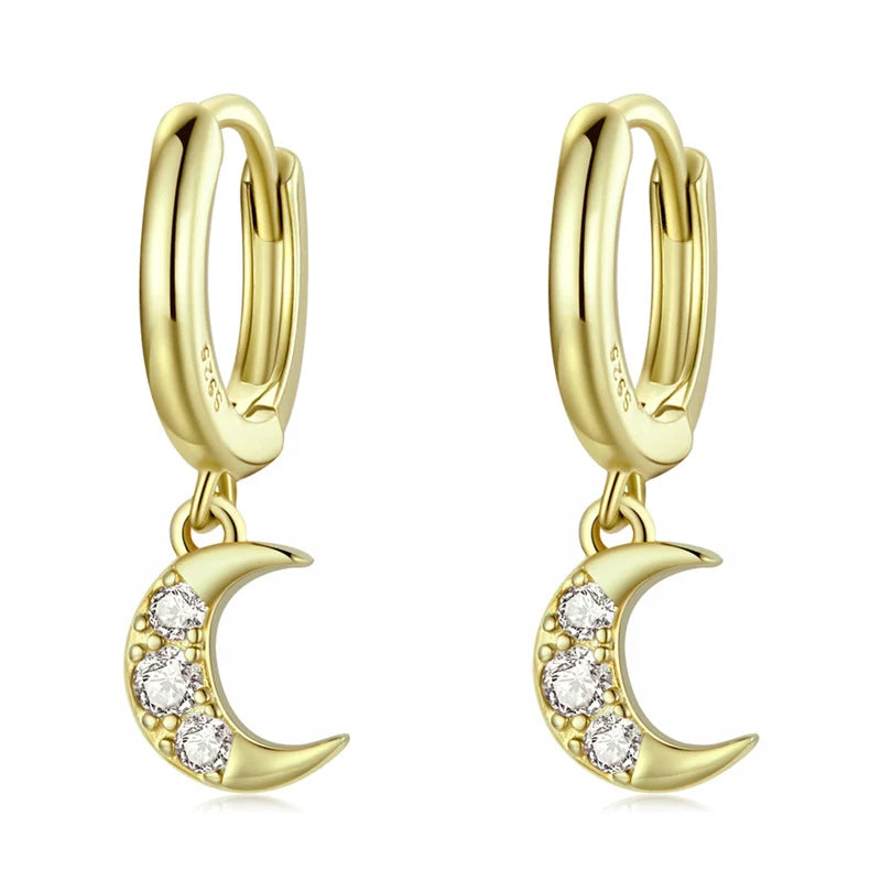 Women Moon Zircon Hoop Earrings 925 Silver Ear Piercing Gift Party Wedding