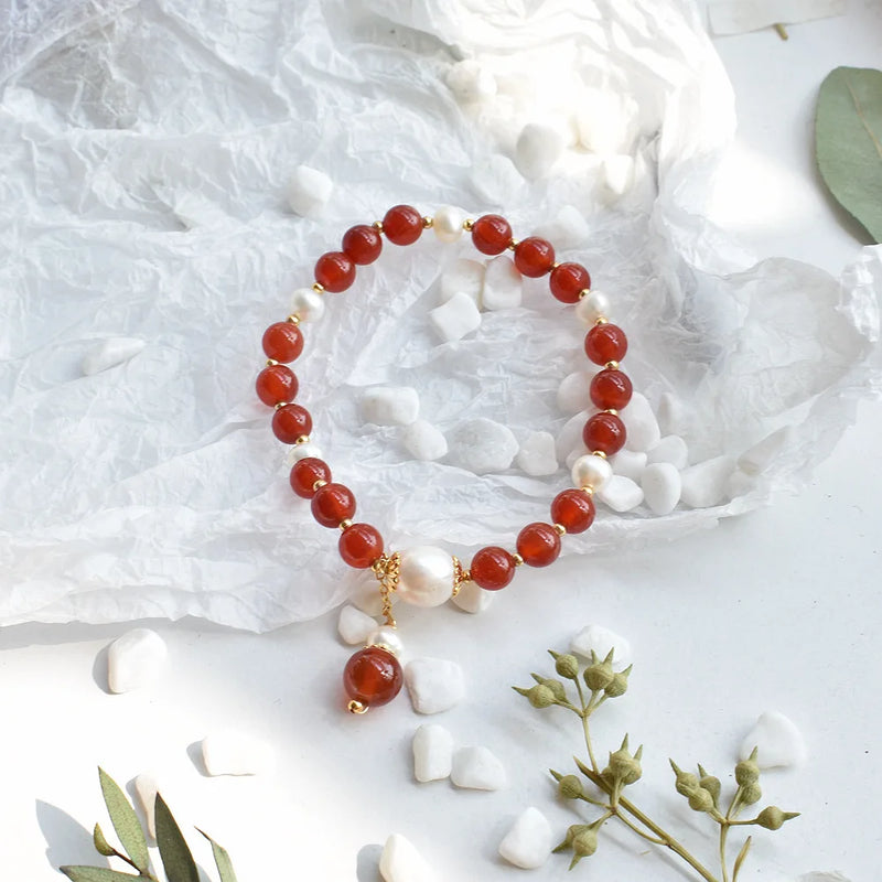 Freshwater Pearl Red Stone Beads Bracelet Bangle Wedding Jewelry