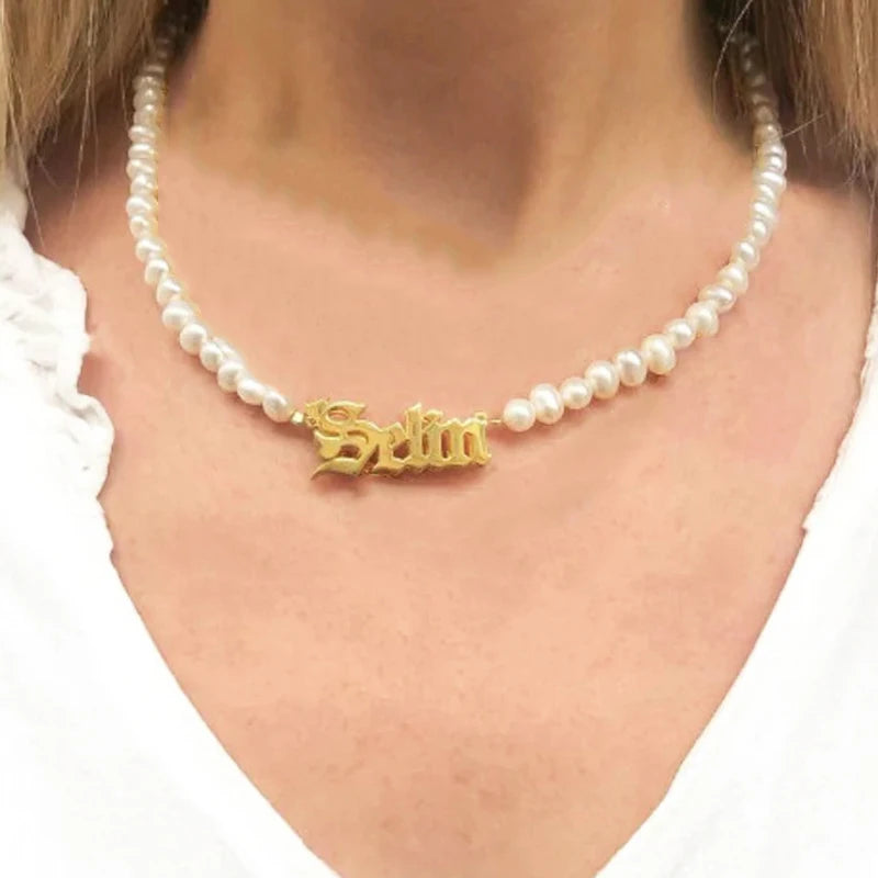 Pearl Stainless Steel Name Necklace Personalized Letter Plate Choker