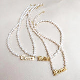 Pearl Stainless Steel Name Necklace Personalized Letter Plate Choker