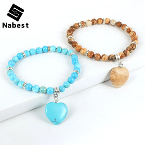 Heart Charm Beaded Bracelet Tiger Eye Turquoises Bangle