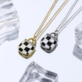 Zircon Plaid Chessboard Enamel Pendant Necklace 925 Sterling Silver