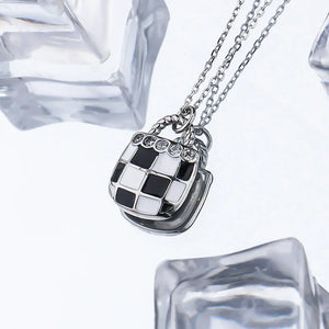 Zircon Plaid Chessboard Enamel Pendant Necklace 925 Sterling Silver