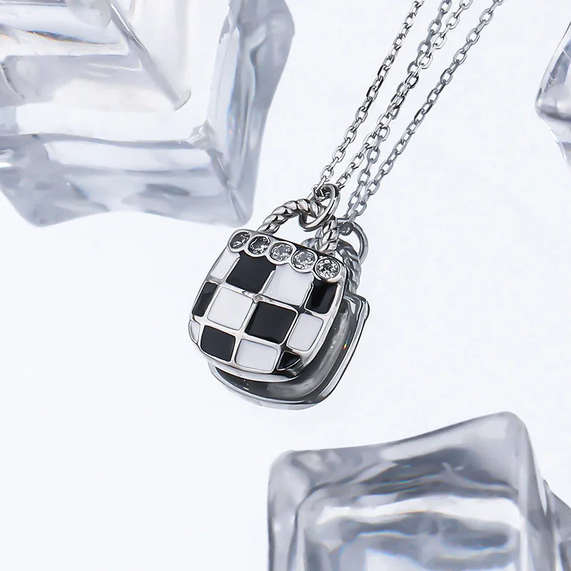 Zircon Plaid Chessboard Enamel Pendant Necklace 925 Sterling Silver