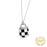 Zircon Plaid Chessboard Enamel Pendant Necklace 925 Sterling Silver