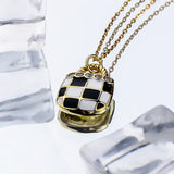 Zircon Plaid Chessboard Enamel Pendant Necklace 925 Sterling Silver