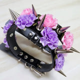 Women Harajuku Spikes Leather Necklace Flower Punk choker Rivets Collar