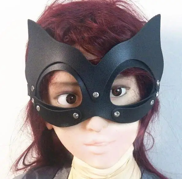 Vintage Leather Cat Hair Cosplay Rivet Head Mask