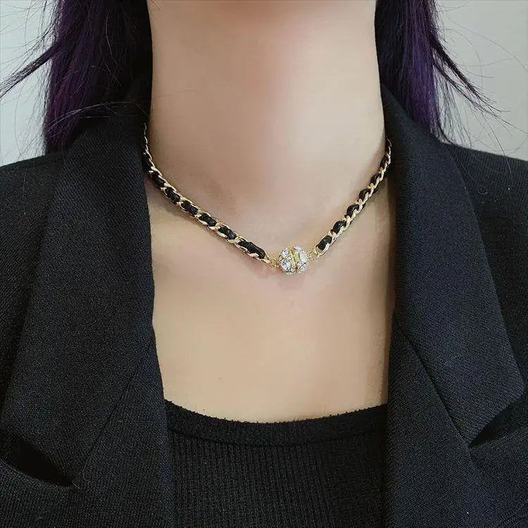 Women PU Leather Necklace Pendant Chain Sweater Magnetic Necklace