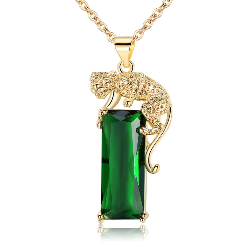 Green Square Zircon Pendant Necklace Leopard Necklace