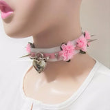 Women Punk Choker Necklace Harajuku 2 Layer Leather Lolita Flower Stud