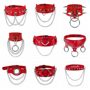 Gothic Red Pu Leather Choker Necklaces Heart Spike Rivet Neck Jewelry