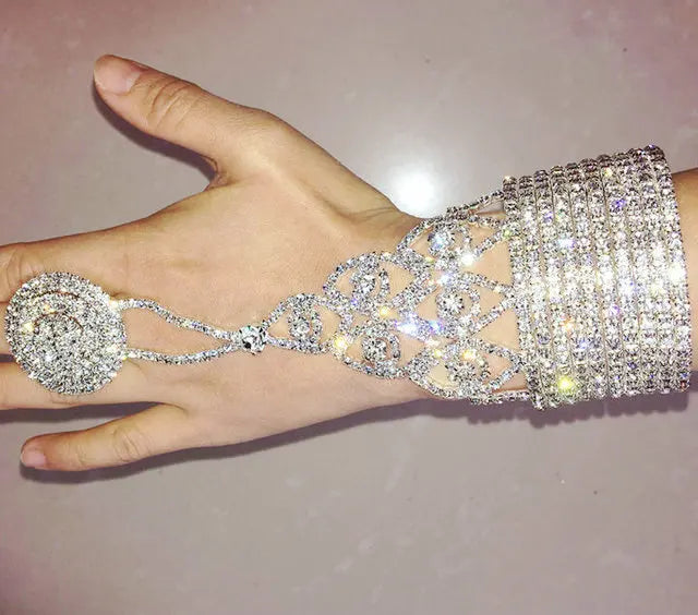 Crystal Rhinestone Slave Chain Cuff Bracelet Ring Wrap