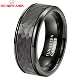 Tungsten Carbide Wedding Band Hammered Stepped Edges Brushed Comfort Fit